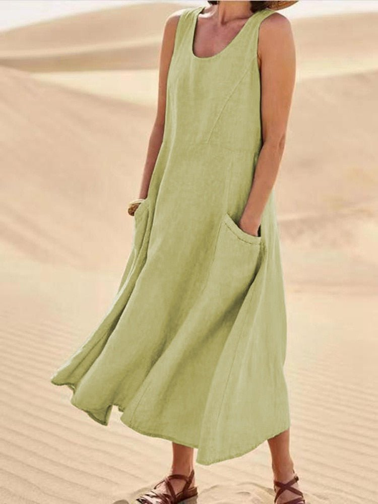 Rosalie Women's Linen Sleeveless Pocket Scoop-Neck Midi Dress