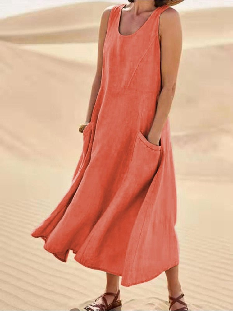 Rosalie Women's Linen Sleeveless Pocket Scoop-Neck Midi Dress