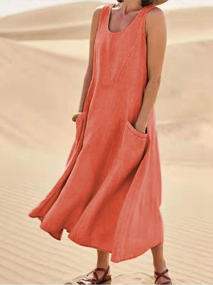 Rosalie Women's Linen Sleeveless Pocket Scoop-Neck Midi Dress