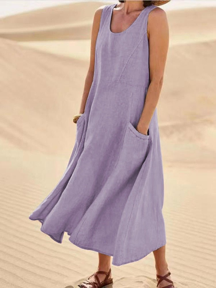 Rosalie Women's Linen Sleeveless Pocket Scoop-Neck Midi Dress