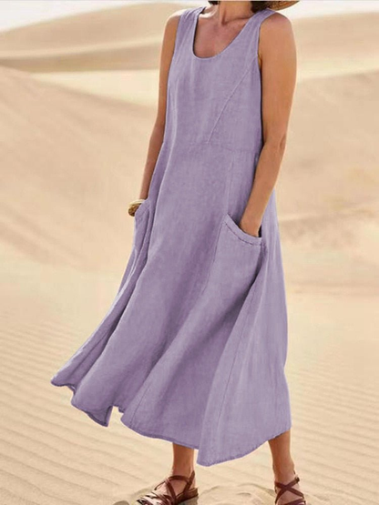 Rosalie Women's Linen Sleeveless Pocket Scoop-Neck Midi Dress