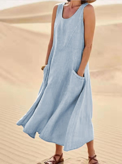 Rosalie Women's Linen Sleeveless Pocket Scoop-Neck Midi Dress